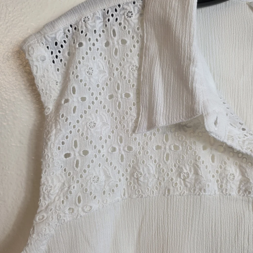 Lucky Brand Top Gauzy Eyelet Cutout Semi Sheer Button Down XLarge Shirt Boho - Picture 11 of 15